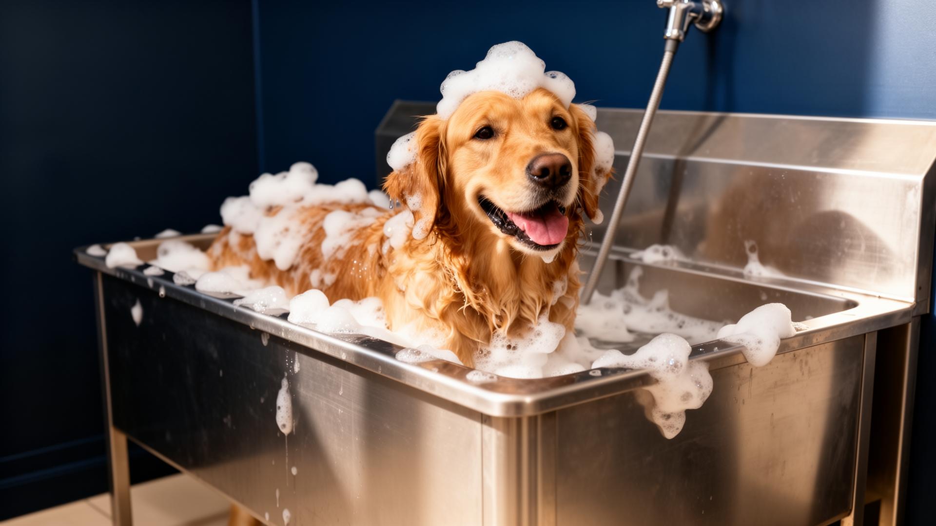 Perro siendo lavado en el autoservicio de baño canino de Alcorcón